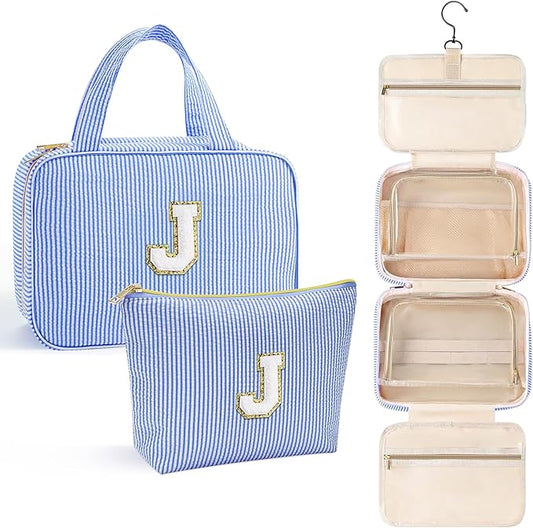 YOOLIFE Travel Toiletry Bag Makeup Bag - Hanging Toiletry Bag for Women, Portable Toiletries Travel Bag and Cosmetic Bag, Airplane Travel Essentials Travel Toiletry Bag - Letter J, Blue