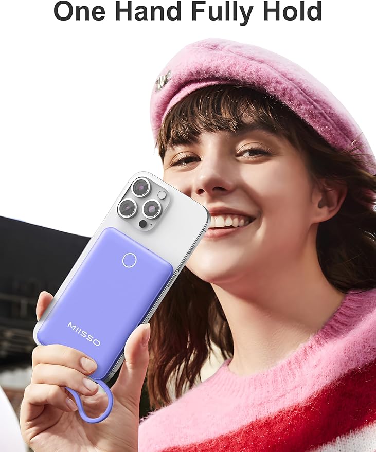 miisso 10000mAh Compatible with iPhone 15/16/17 and Android, Slim Portable Charger with Built in Cable, Power Bank Travel Charger External Battery Pack for Phone, 3 Output USB Type C Cord, Purple