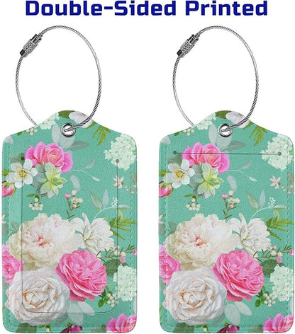 Set of 2 Beautiful Floral-Themed Luggage Tags with Pink and White Roses Flower Pattern, Cute Succulent Green Suitcase Travel Tags for Women Girls, Name ID Identifier Labels with Full Privacy Cover