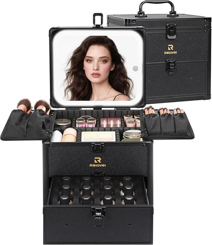 Relavel Makeup Bag with LED Mirror, Dual Layer Cosmetic Train Case with Light up Mirror Large Travel Makeup Artist Organizer Bag for Women with Adjustable Dividers & Nail Polish Organizer, Black