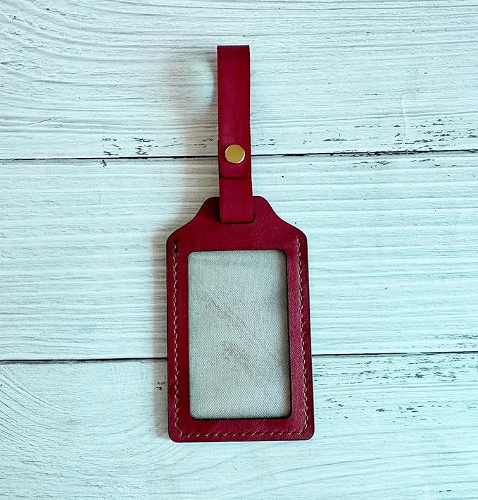 Mayan Corner - Handcrafted Leather Luggage Tag, Octopus Design, Burgundy Red with ID Window