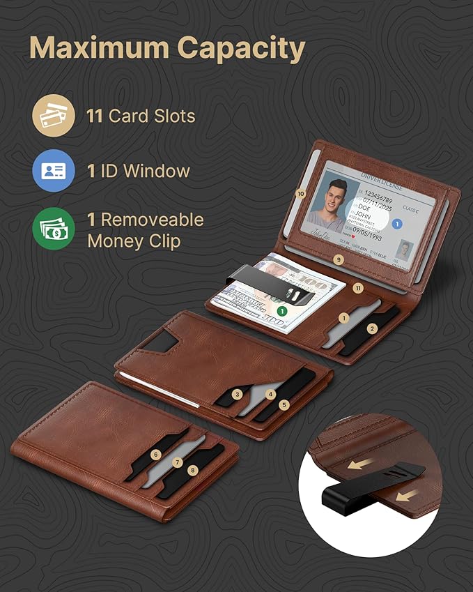 typecase Leather Wallet for Men Card Holder: Premium Genuine Leather, RFID Blocking, Slim, Minimalist, Front Pocket - 15 Cards Capacity | ID Window | Money Clip (Brown)