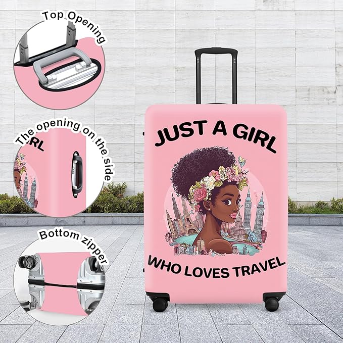 "Just a Girl Who Loves Travel" Luggage Cover, City Explorer Suitcase Protector, Waterproof Anti-Theft Design, Wanderlust Gifts for Women