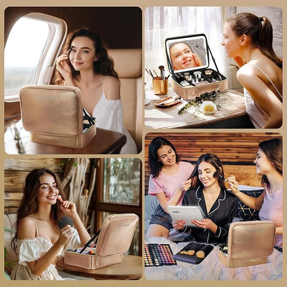 JUSRON Travel Makeup Bag With LED Mirror, Cosmetic Train Case with Light up Mirror, Portable Makeup Artist Organizer Bag with Adjustable Dividers, Makeup Brush Holder Storage (Rose Gold, Medium)