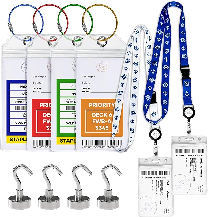 Luggage Tags Essentials 4 Sets with Zip Seal and Steel Loops + 2 Lanyard Detachable ID Holder Badge + 4 Cabin Magnetic Hooks (27lbs) - Fits All Cruise Lines