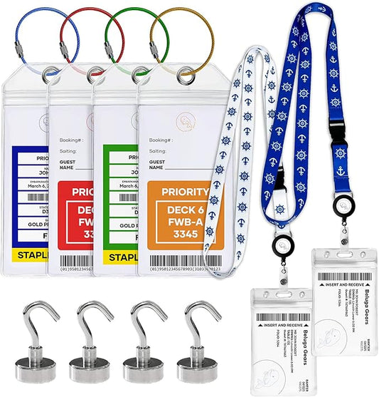 Luggage Tags Essentials 4 Sets with Zip Seal and Steel Loops + 2 Lanyard Detachable ID Holder Badge + 4 Cabin Magnetic Hooks (27lbs) - Fits All Cruise Lines