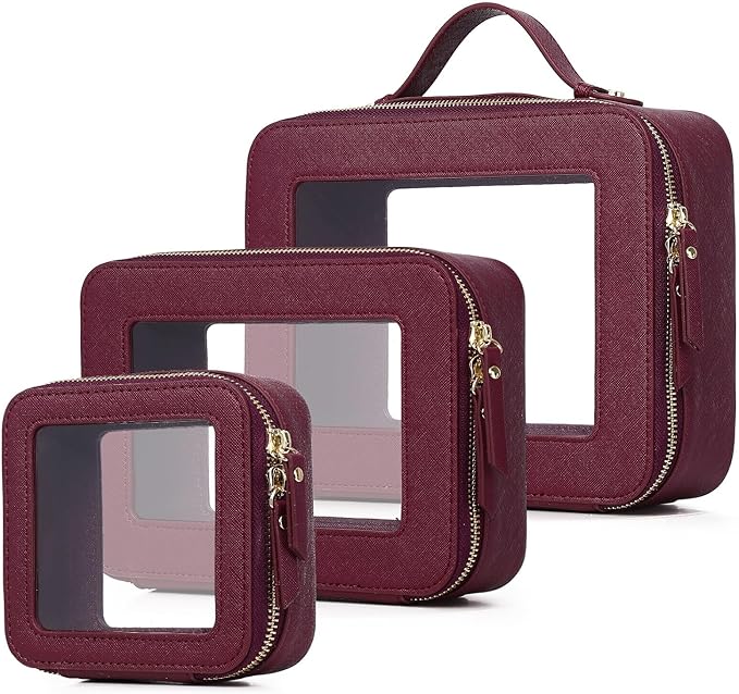 Pinkmik Clear Makeup Bag Waterproof Travel Case for Cosmetics and Toiletries Women's Purse Organizer and Clear Car Bag with Zipper (X/Burgundy, L+M+MINI)