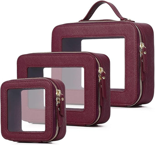 Pinkmik Clear Makeup Bag Waterproof Travel Case for Cosmetics and Toiletries Women's Purse Organizer and Clear Car Bag with Zipper (X/Burgundy, L+M+MINI)