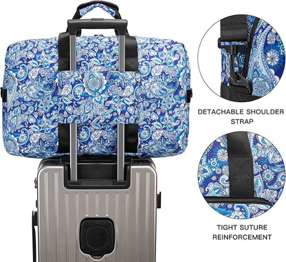 F.FETIVIN Weekender Bag Carry On Travel Duffle Bag Medium Overnight Bag for Women (Blue Paisley)