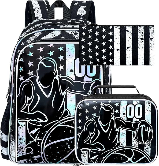 WZLVO 3PCS Basketball Backpack for Boys, 17" Cool UV Printing Kids Bookbag/School Bag with Lunch Box & Pencil Bag for Elementary to Middle - Star-Spangled Basketball