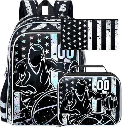 WZLVO 3PCS Basketball Backpack for Boys, 17" Cool UV Printing Kids Bookbag/School Bag with Lunch Box & Pencil Bag for Elementary to Middle - Star-Spangled Basketball