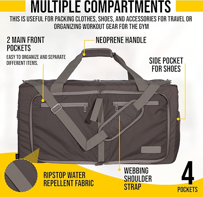 LEGEND 80L Foldable Duffle Bag for Travel - Packable Duffle Bags w/Shoe Compartment - Tear Resistant Collapsible Duffel Bags for Traveling - Lightweight Folding Duffel Bag for Men & Women -Chocolate