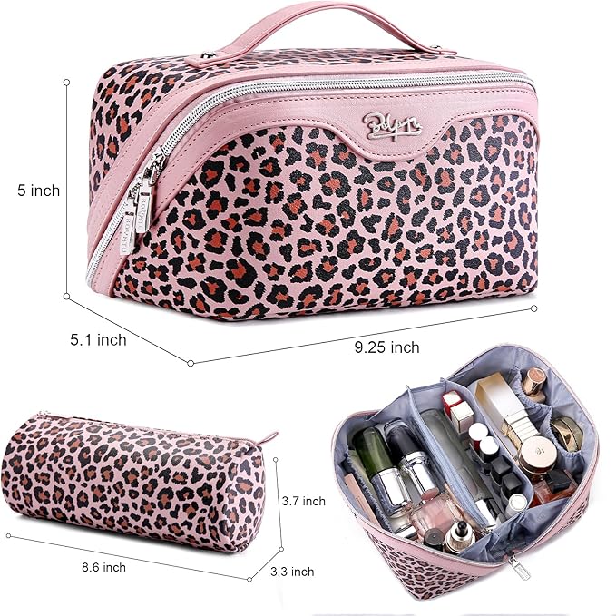 BOYATU Travel Makeup Bag for Women: 3 Pcs Set Portable Make up Bags with Handle - Leopard Print Cosmetic Bags with Comparments - Waterproof Vegan Leather Toiletry Bag (A-1-Pink)