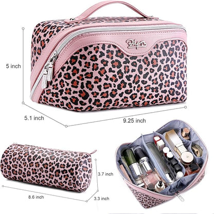 BOYATU Travel Makeup Bag for Women: 3 Pcs Set Portable Make up Bags with Handle - Leopard Print Cosmetic Bags with Comparments - Waterproof Vegan Leather Toiletry Bag (A-1-Pink)