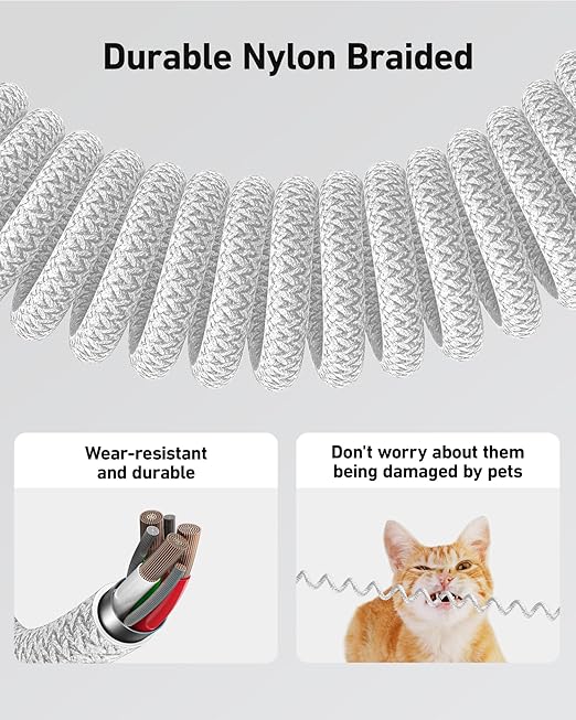 USB A to USB C Cable Fast Charging 66W, 2Pack 3FT Coiled Braided USBC Phone Charger Cables for Car, Short USB to USB Type C Cord for iPhone 17 16 15 Pro Max, Samsung Galaxy S24 S23 and More-Silver