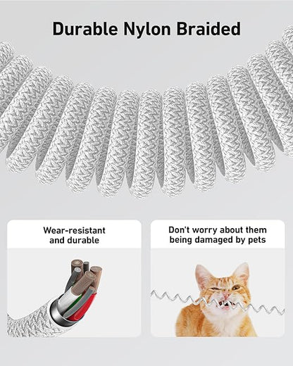 Coiled USB to USB C Cable for Car 3FT/6FT, USBC Cables Fast Charging Braided USB-A to USB-C Phone Charger Cord USB Type C Cable for iPhone 17 16 15 Pro Max, Samsung Galaxy S24 S23-2Pack Silver