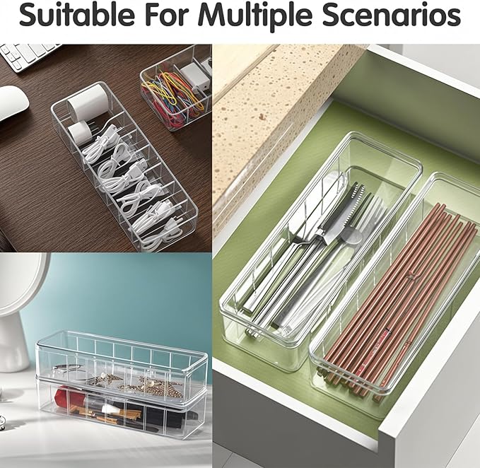 2 Pack Plastic Cord Organizer Box with 20 Wire Ties, Electronics Accessories Storage Case, Clear Cell Phone Cord Storage Organizer with 8 Compartments for Home Office Desk Organizers