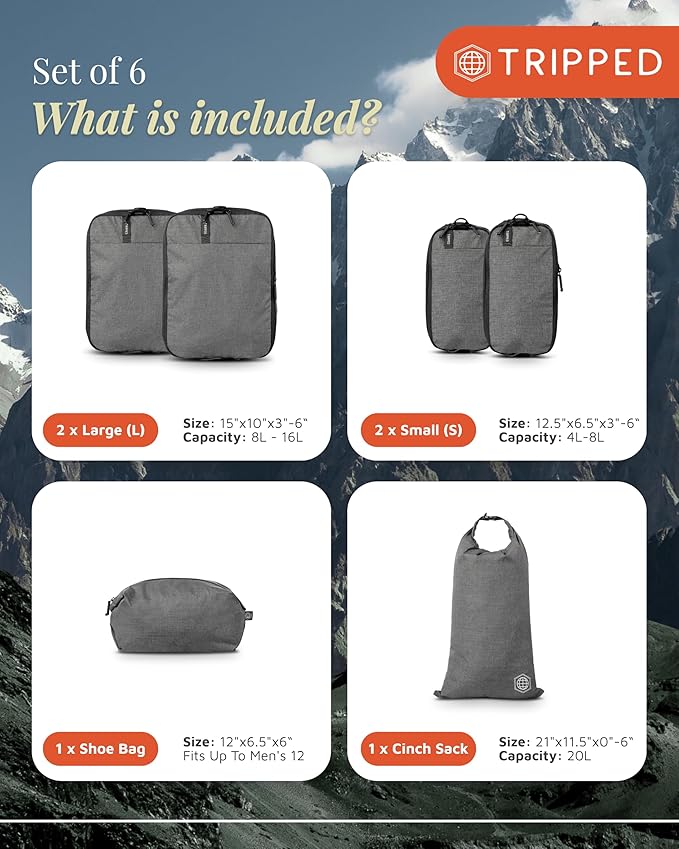 Compression Packing Cubes for Travel by TRIPPED – 6-Piece Premium Set with Laundry & Shoe Bag, Space Saving Travel Organizer Bags for Suitcase & Carry-On Luggage (Grey)