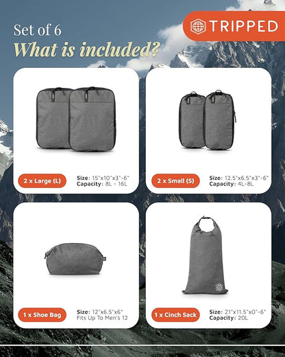 Compression Packing Cubes for Travel by TRIPPED – 6-Piece Premium Set with Laundry & Shoe Bag, Space Saving Travel Organizer Bags for Suitcase & Carry-On Luggage (Grey)