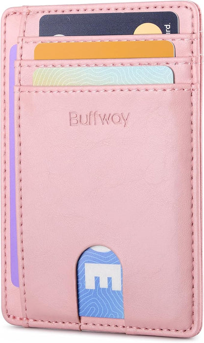 Buffway Slim Minimalist Front Pocket RFID Blocking Leather Wallets for Men and Women - Alaska Pink