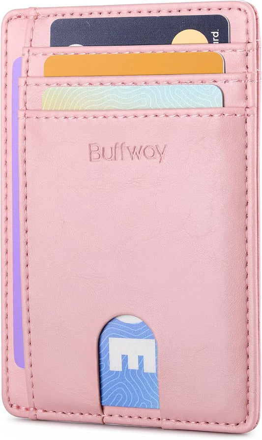 Buffway Slim Minimalist Front Pocket RFID Blocking Leather Wallets for Men and Women - Alaska Pink