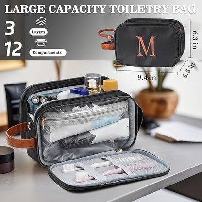 YOOLIFE Christmas Gifts for Men Women - Travel Toiletry Bag for Men | Personalized Gifts for Women Mens Friend Dad Birthday Gift, Travel Toiletries Water Resistant Dopp Kit Letter A Black
