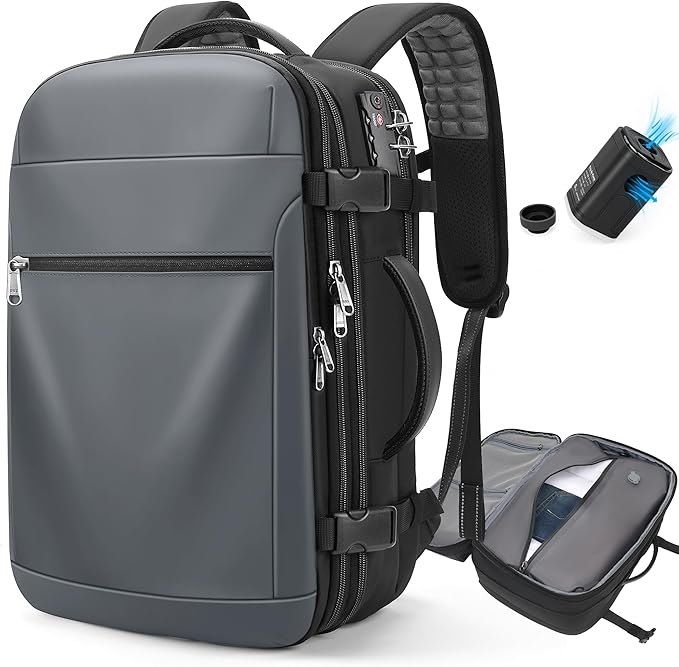 Vacuum Backpack Travel 60L Expandable Vacuum Seal Compression Travel Backpack with Pump, TSA, Waterproof Oxford,17" Laptop Compartment,Carry On Backpack for Men & Women,Business,Flight Travel (Gray)