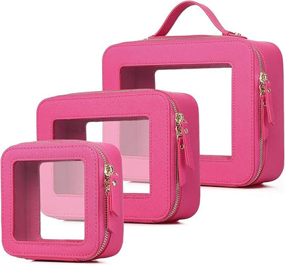 Pinkmik Clear Makeup Bag Waterproof Travel Case for Cosmetics and Toiletries Women's Purse Organizer and Clear Car Bag with Zipper (X/Fuxia, L+M+MINI)