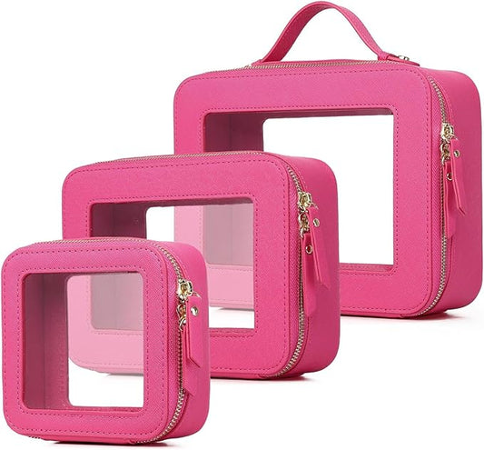 Pinkmik Clear Makeup Bag Waterproof Travel Case for Cosmetics and Toiletries Women's Purse Organizer and Clear Car Bag with Zipper (X/Fuxia, L+M+MINI)