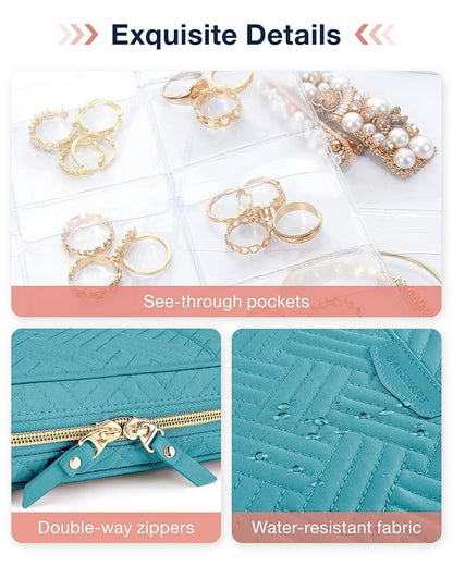 BAGSMART Jewelry Travel Organizer Case for Home Jewelry Organizer Storage Ring Binder Clear Bags Zipper Rolls Pouch for Necklaces, Earrings, Rings, Bracelets, Teal