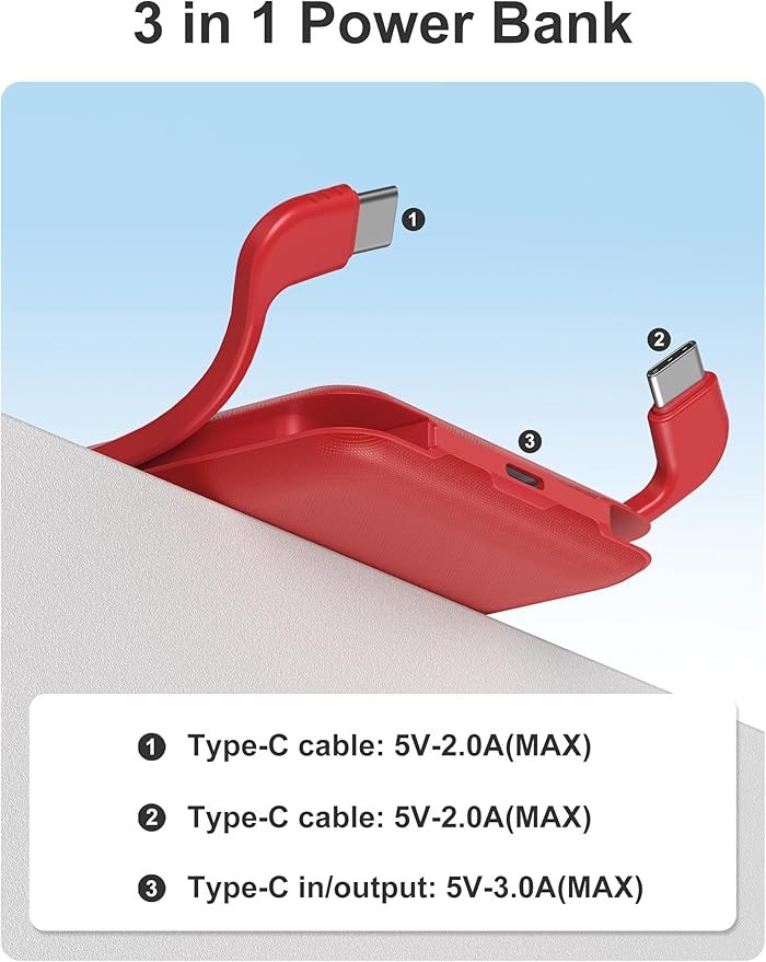miisso 10000mAh Compatible with iPhone 15/16/17 and Android, Slim Portable Charger with Built in Cable, Power Bank Travel Charger External Battery Pack for Phone, 3 Output USB Type C Cord, Red