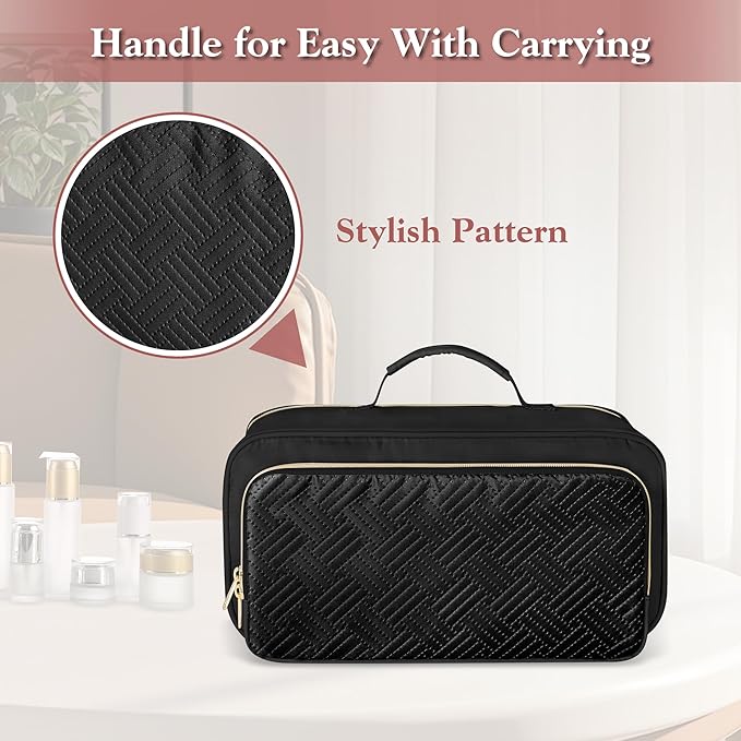 Fasrom Travel Makeup Bag for Women, Large Capacity Cosmetic & Toiletry Organizer Case, Make Up Storage Bags with Handle, Portable Pouch for Travel Essentials, Black (Empty Bag Only)