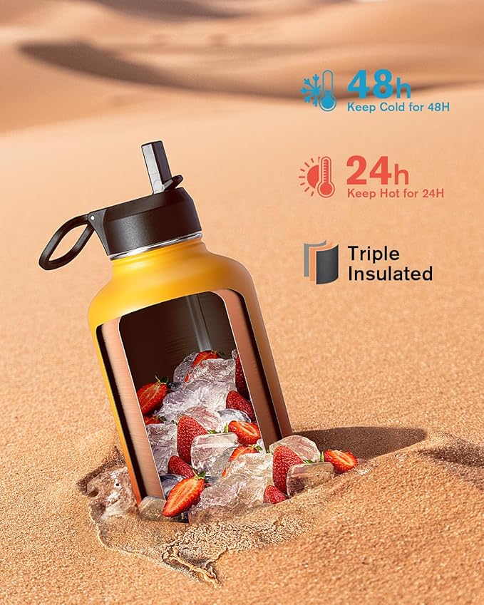 Half Gallon Water Bottle Insulated with Straw & 3 Lids, Coolflask 64 oz Water Jug Large Metal Stainless Steel Wide Mouth for Sports, Gym or Office, Non-BPA Keep Cold 48H Hot 24H, Ombre Yellow/Orange