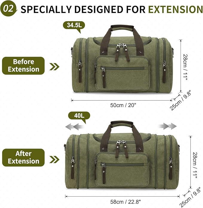 Expandable Canvas Duffel 50cm-58cm, Sturdy Zipper and Reinforced Handles, Lightweight Carry-On Weekender Bag for 3-5 Day Trips, Green