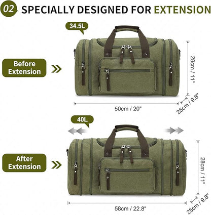 Expandable Canvas Duffel 50cm-58cm, Sturdy Zipper and Reinforced Handles, Lightweight Carry-On Weekender Bag for 3-5 Day Trips, Green