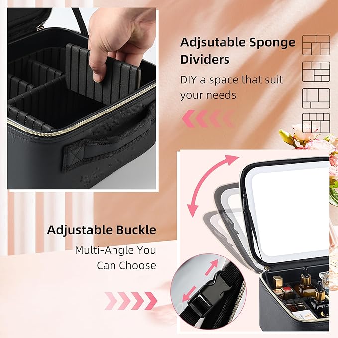 Travel Makeup Bag with LED Mirror – Waterproof Cosmetic Train Case with Adjustable Dividers, Portable Makeup Organizer and Toiletry Bag for Women, Pink Teens & Girls Gift