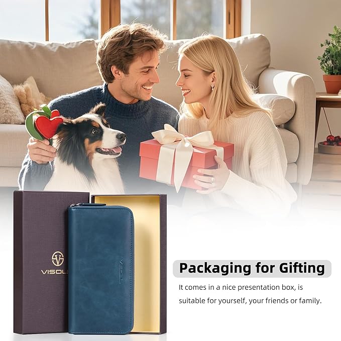 VISOUL Leather Long Zipper Pouch Wallet for Men and Women with RFID Blocking, Large Clutch Cash Long Wallet with Zipper (Navy Blue)