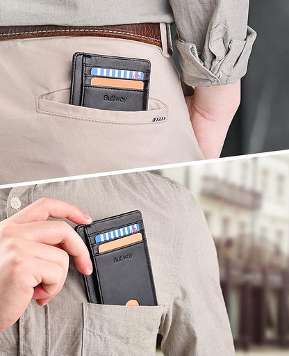 Buffway Slim Minimalist Front Pocket RFID Blocking Leather Wallets for Men and Women - Alaska Brown