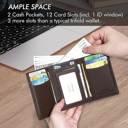 Trifold Leather Wallet for Men RFID Blocking – Mens Trifold Wallet Leather with 12 Card Slots, Gift for Men, American Flag Wallet Red