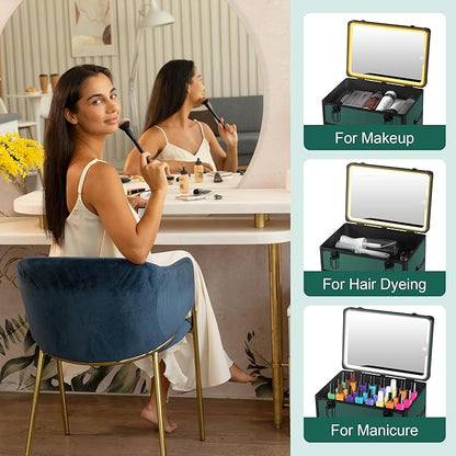 Makeup Train Case with LED Mirror, Rolling Makeup Case with Drawers, Cosmetology Case on Wheels, Gift, Travel Makeup Organizers, Profesional Cosmetic Case for Salon Barber,Nail,Tattoo,Green