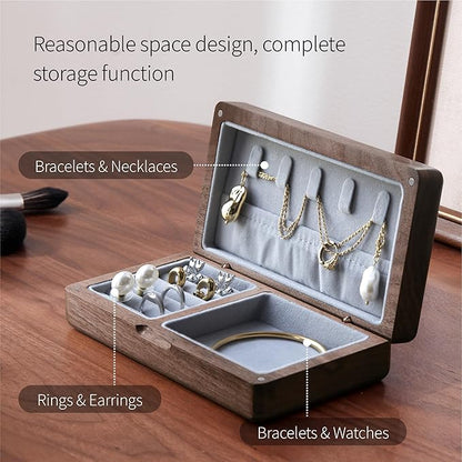 Walnut Wooden Small Jewelry Box - Mini Wood Travel Jewelry Case Portable Organizer for Rings, Earrings, Necklaces & Bracelets Storage Women Girls Men (Gray)