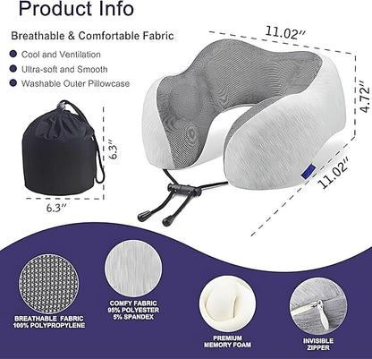Travel Neck Pillow for Airplane – 100% Pure Memory Foam Neck Support Pillow with Breathable & Washable Cover, Fleight Kit with 3D Contoured Eye Mask, Earplugs & Carry Bag for Comfortable Sleep