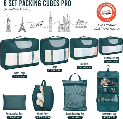 Veken 8 Set Packing Cubes for Travel Essentials, Suitcase Organizer Bags in 4 Sizes, Carry-On Luggage Accessories with Large Laundry & Hanging Toiletry Bag, Must-Have for Airplane, Road Trip & Camping