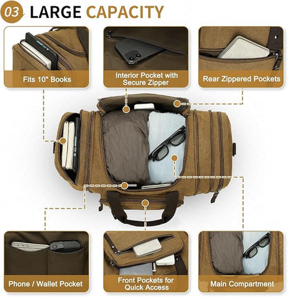Expandable Canvas Duffel 50cm-58cm, Sturdy Zipper and Reinforced Handles, Lightweight Carry-On Weekender Bag for 3-5 Day Trips, Coffee