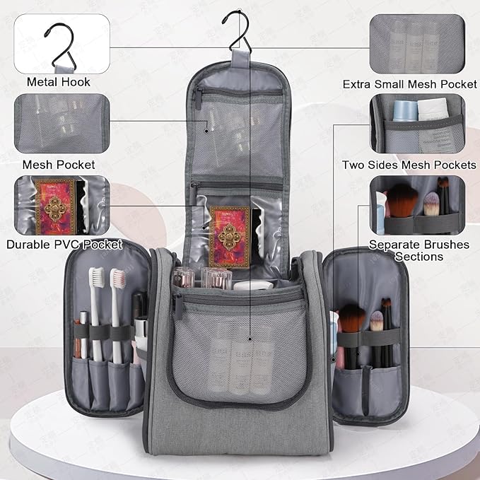 Hanging Toiletry bag & Makeup Bag for Travel, Water-Resistant Organizer Toiletries Bag with Separate Compartments, Travel Essentials Kit (Gray)