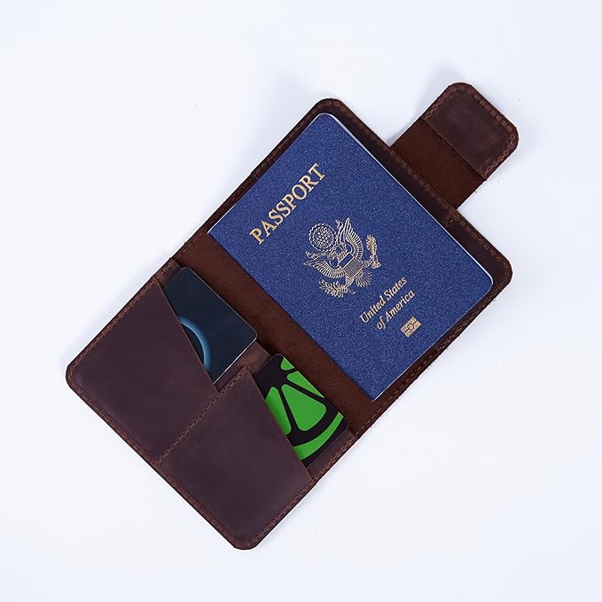 Brown Leather Passport Holder for Travel Men - Passport Wallets Compatible with Airtag Passports Wallet with Card Slots & Note Compartment, Magnetic Closure, Genuine Leather Crazy Horse, Vintage Brown