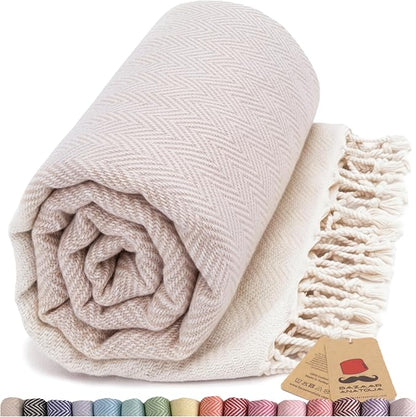 Bazaar Anatolia Turkish Beach Towel 100% Cotton Bath Towels 71x39 Quick Dry Sand Free Lightweight Large Oversized Herringbone Beige