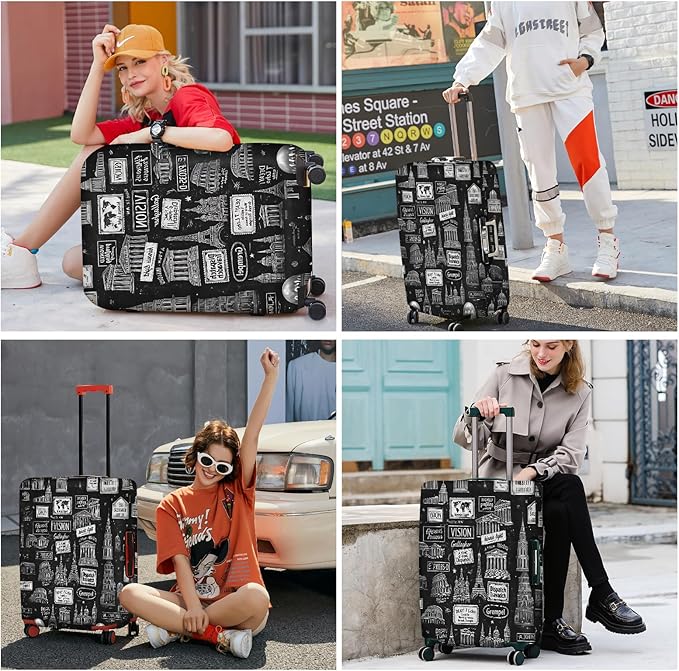 ANNA QUEEN Landmarks Travel Luggage Cover, Black & White City Monuments Design, Stretchable, Washable Suitcase Protector for 20-34 Inch Luggage