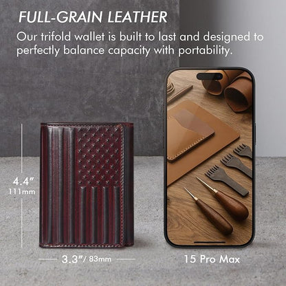 Trifold Leather Wallet for Men RFID Blocking – Mens Trifold Wallet Leather with 12 Card Slots, Gift for Men, American Flag Wallet Red