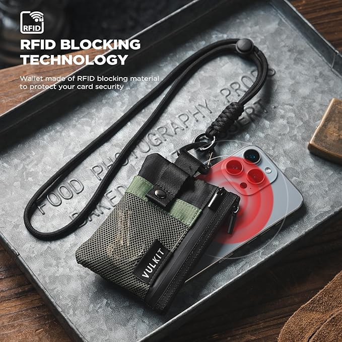 VULKIT Small RFID Wallet for Women & Men – Minimalist Zipper Wallet with ID Window, Keychain & Carabiner, Holds 15 Cards, Water Resistant Travel Lanyard Wallet Army Green Black